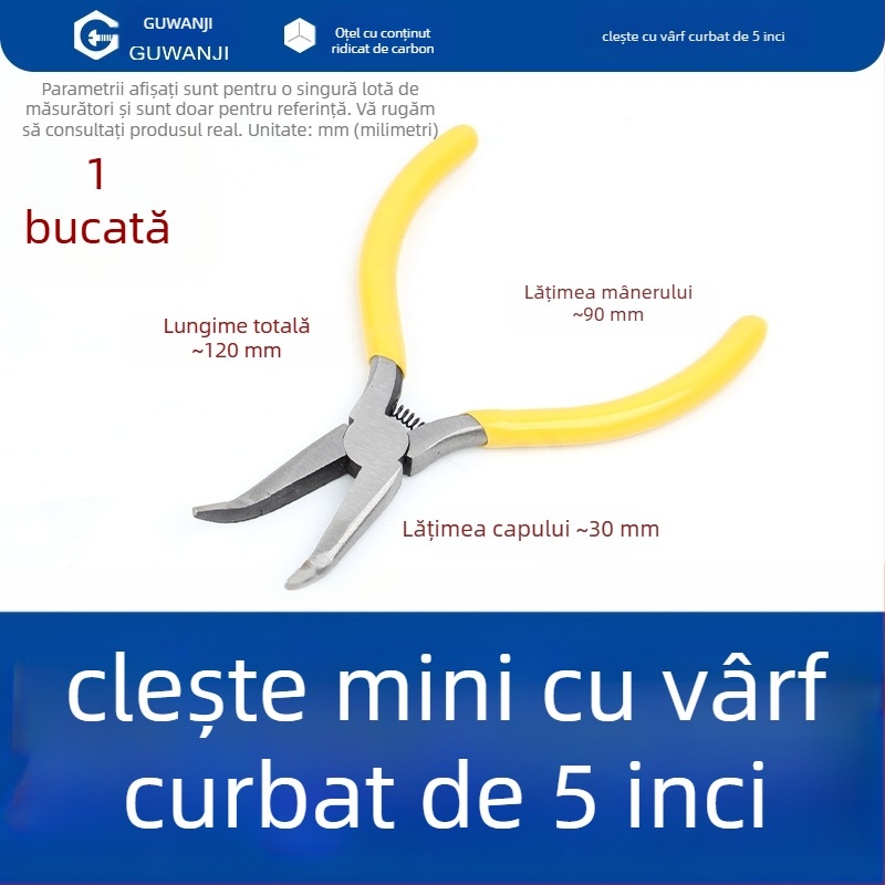 Clește cu nas subțire, mini, 5 inch, pentru electricieni, dezizolarea cablurilor, clește multifuncțional pentru cabluri și bijuterii cu nas curbat