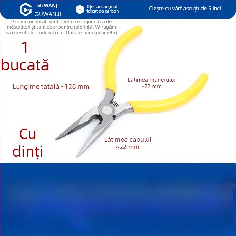 Clește cu nas subțire, mini, 5 inch, pentru electricieni, dezizolarea cablurilor, clește multifuncțional pentru cabluri și bijuterii cu nas curbat