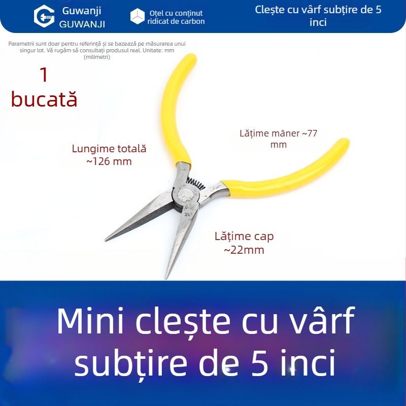 Clește cu nas subțire, mini, 5 inch, pentru electricieni, dezizolarea cablurilor, clește multifuncțional pentru cabluri și bijuterii cu nas curbat