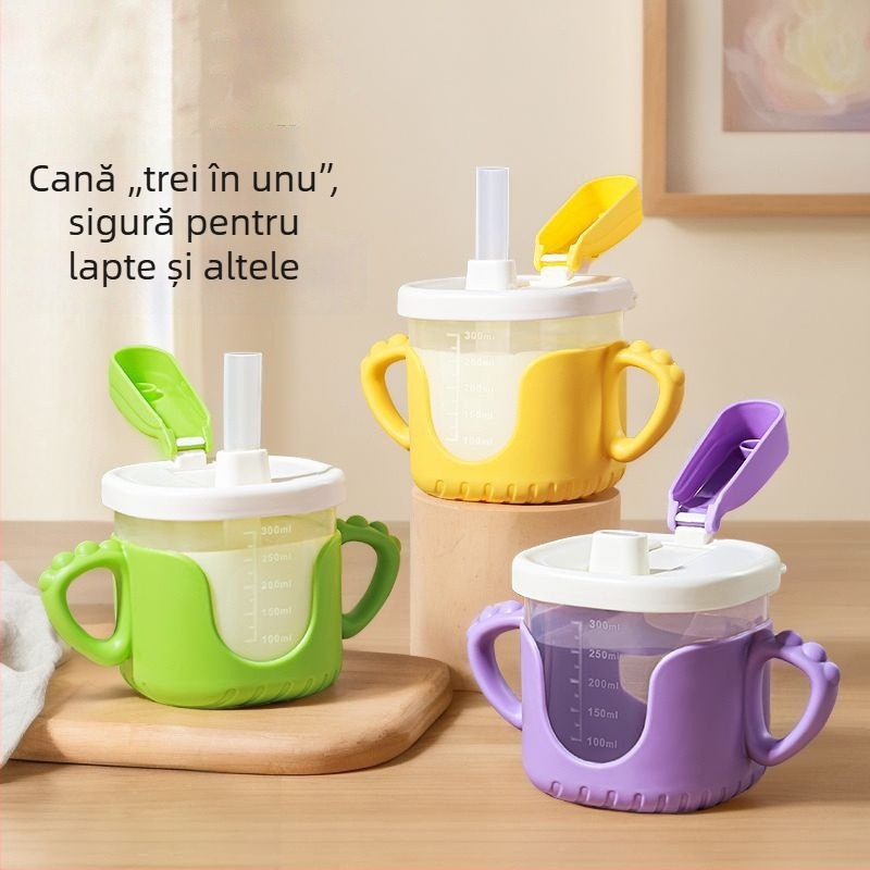 Cană de lapte pentru copii cu marcaje, cană de învățare cu pai și mâner, etanșă la scurgeri și la căderi, protecție anti-arsură — Model 06