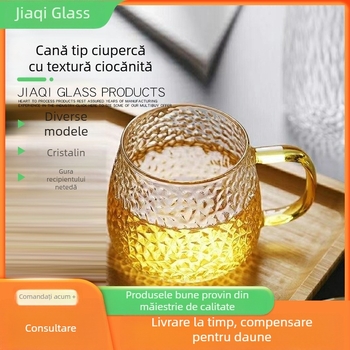 Ceașcă de ceai în formă de ciupercă, din sticlă, cu capac din bambus și mâner, set de trei piese, rezistentă la temperaturi înalte, textură ciocănită