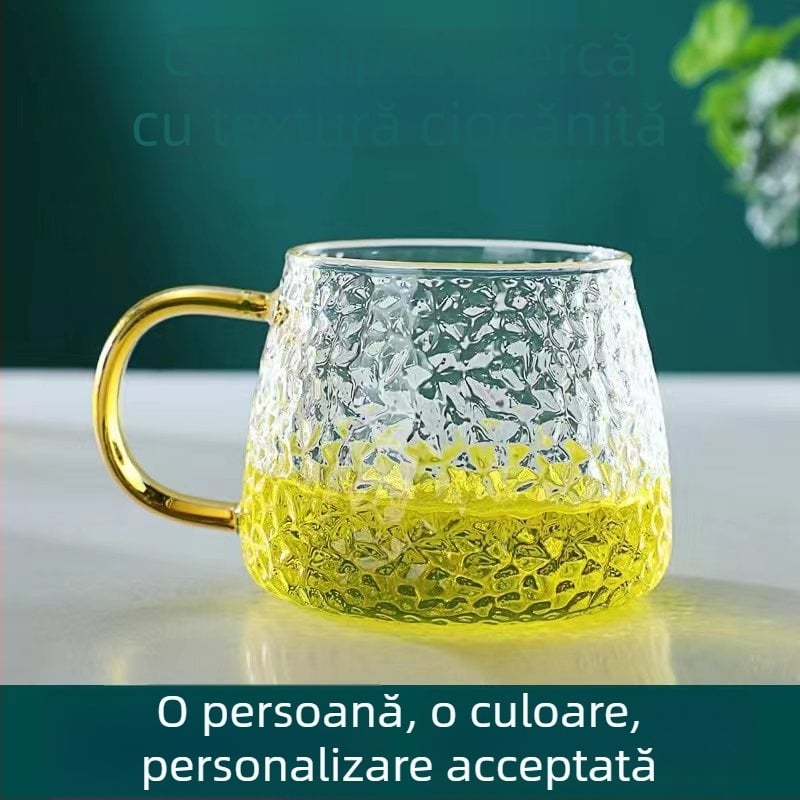 Ceașcă de ceai în formă de ciupercă, din sticlă, cu capac din bambus și mâner, set de trei piese, rezistentă la temperaturi înalte, textură ciocănită
