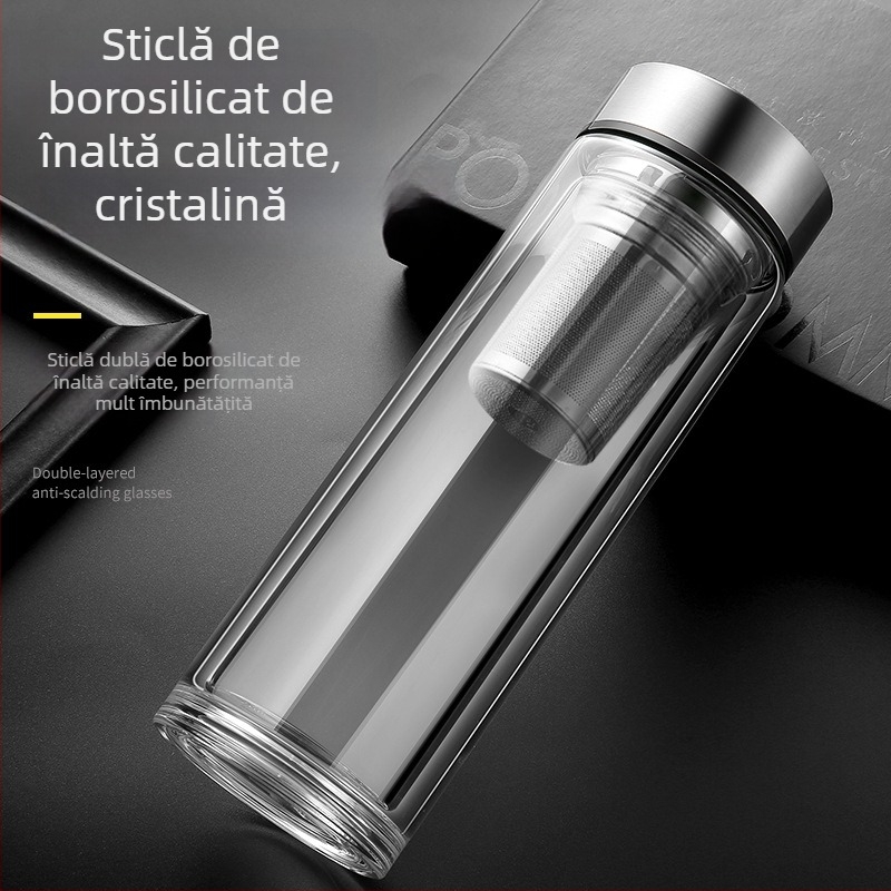 Ceașcă de ceai din sticlă cu pereți dubli, măsurare inteligentă a temperaturii, separare ceai-apă, borosilikat, afișaj temperatură și izolație