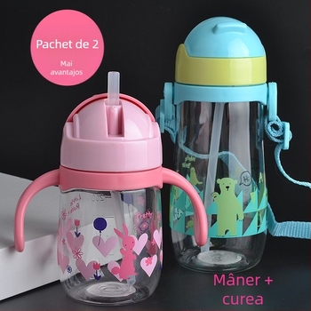 Pahar de apă pentru copii, cu sistem anti-scurgere, pai cu protecție anti-sufocare, din plastic, cu bretea, pentru preșcolari și copii mai mari