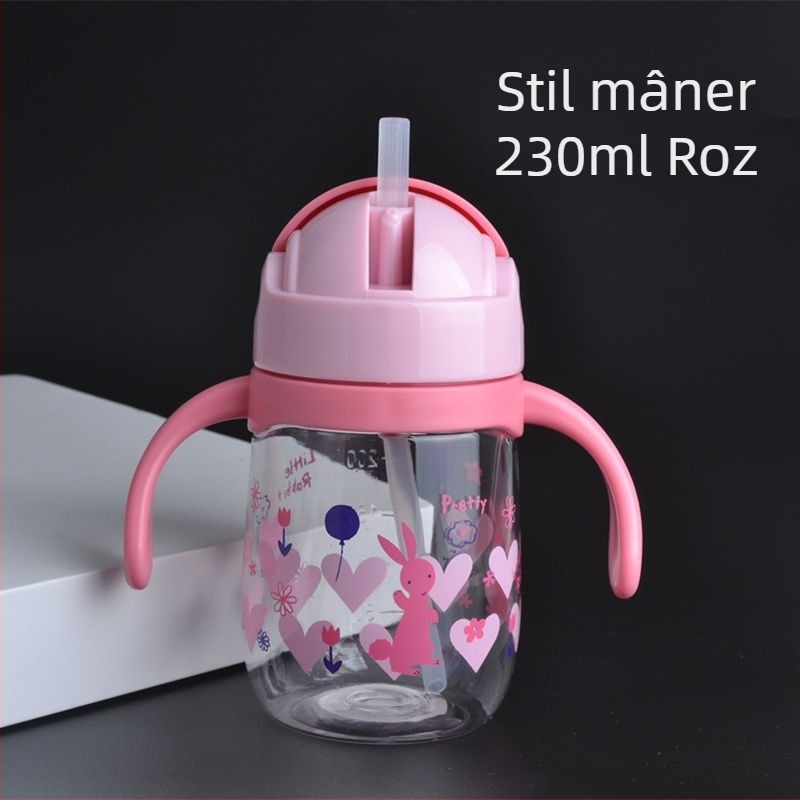 Pahar de apă pentru copii, cu sistem anti-scurgere, pai cu protecție anti-sufocare, din plastic, cu bretea, pentru preșcolari și copii mai mari