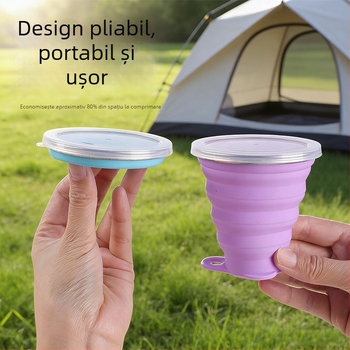 Cană pliabilă pentru camping cu capac, cană de apă portabilă din silicoan alimentar, cană pentru periuța de dinți
