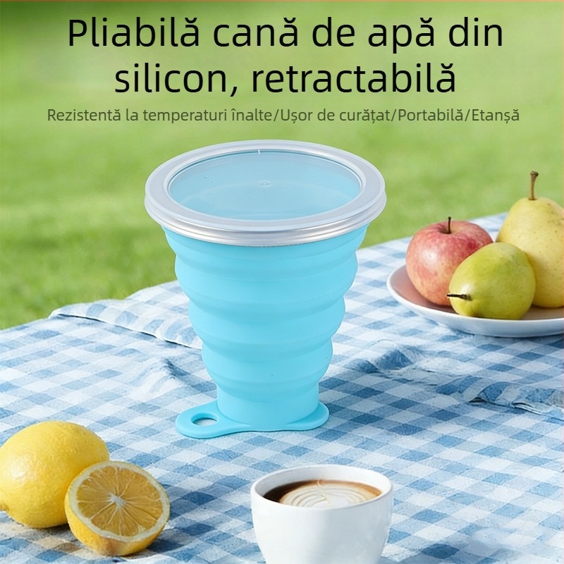Cană pliabilă pentru camping cu capac, cană de apă portabilă din silicoan alimentar, cană pentru periuța de dinți
