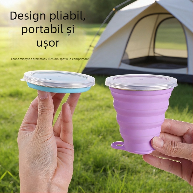Cană pliabilă pentru camping cu capac, cană de apă portabilă din silicoan alimentar, cană pentru periuța de dinți