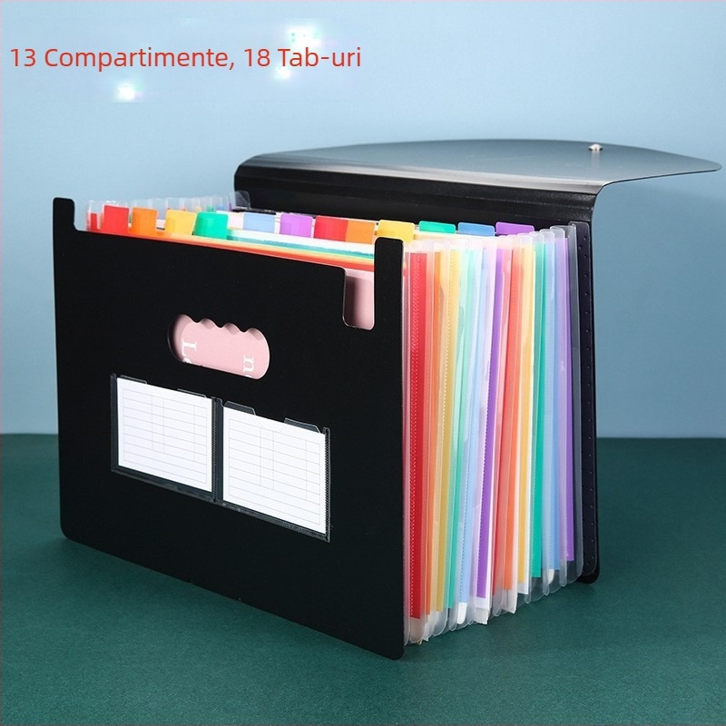 Fișier acordeon cu buzunare 13/25, căptușeală interioară color, exterior negru, dimensiuni 33x25 cm