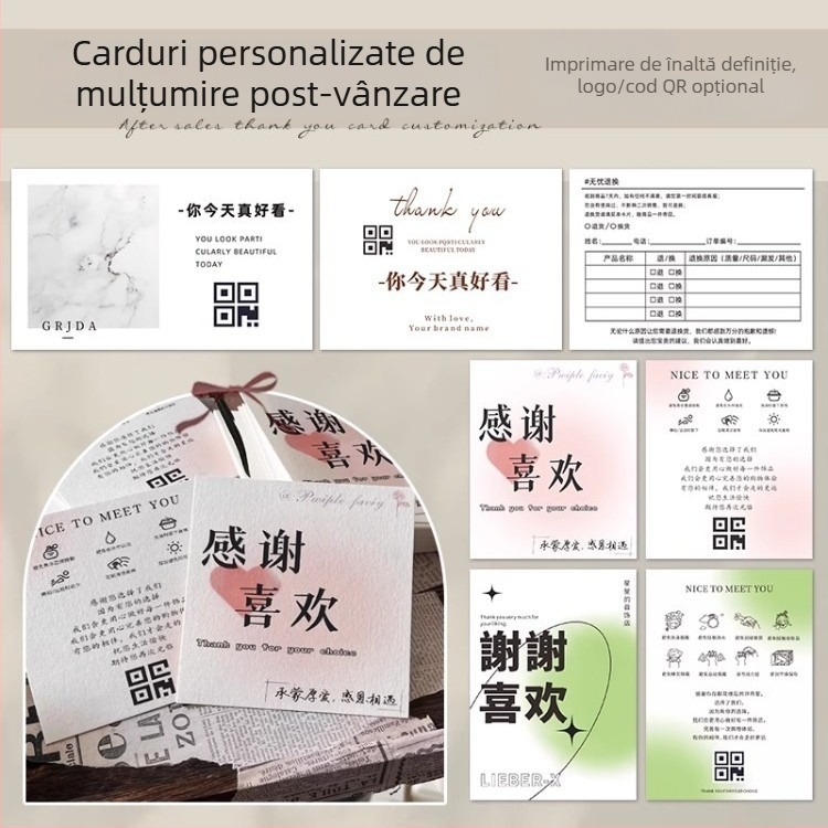 Carte post-vânzare pentru accesorii – card de mulțumire personalizat, design de card dur, card de întreținere, imprimare digitală pe hârtie specială pentru etichete de îmbrăcăminte