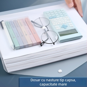 Deli 8308 Fişier A4 transparent cu închidere cu buton, pentru teste și documente, din plastic, capacitate mare.