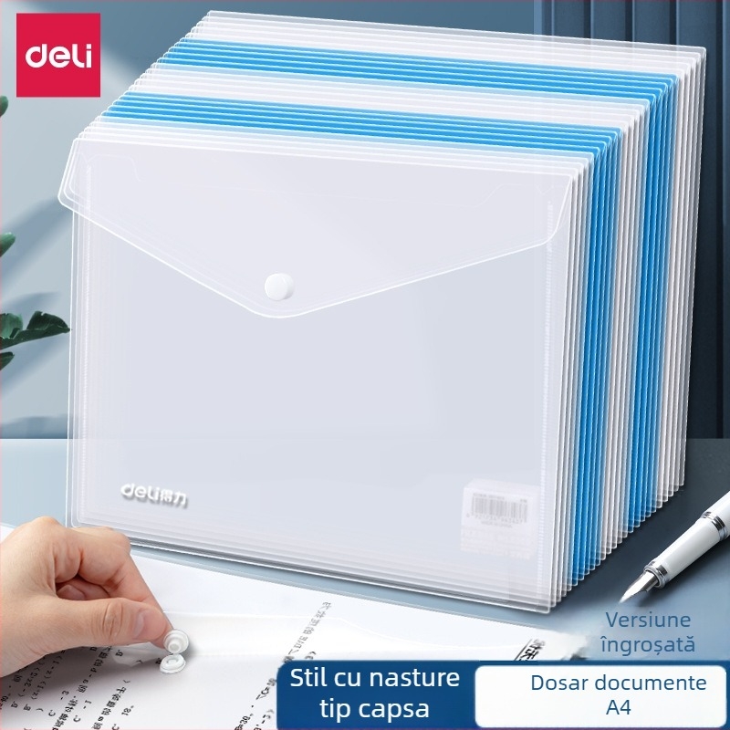 Deli 8308 Fişier A4 transparent cu închidere cu buton, pentru teste și documente, din plastic, capacitate mare.