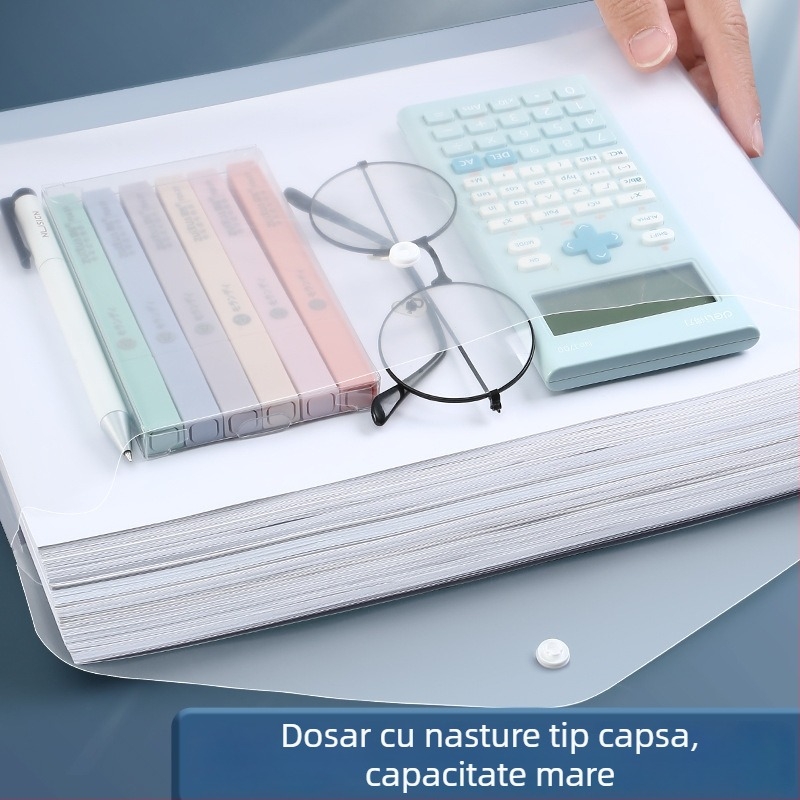 Deli 8308 Fişier A4 transparent cu închidere cu buton, pentru teste și documente, din plastic, capacitate mare.