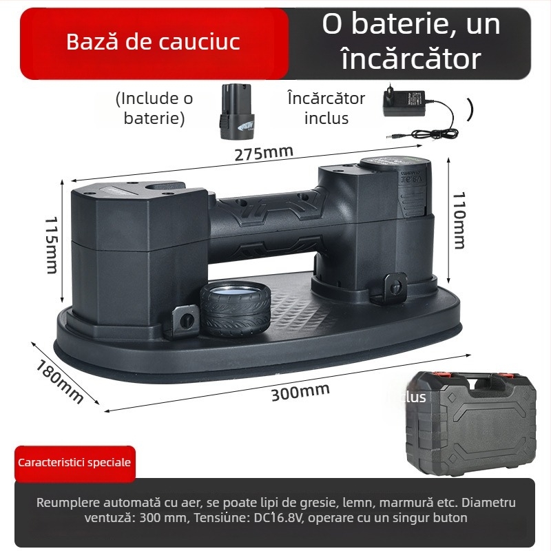 Longben cupă de vid alimentată cu baterie pentru manipularea sticlei, plăcilor și marmurilor – aspirație puternică, dimensiuni 300 × 180 mm