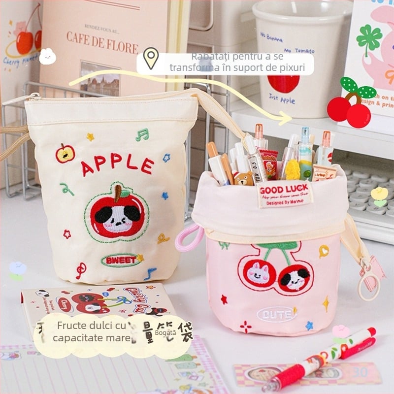 Husă nouă pentru Apple Pencil, design cu flori de cireș, din pânză, capacitate mare, cutie de creioane pliabilă
