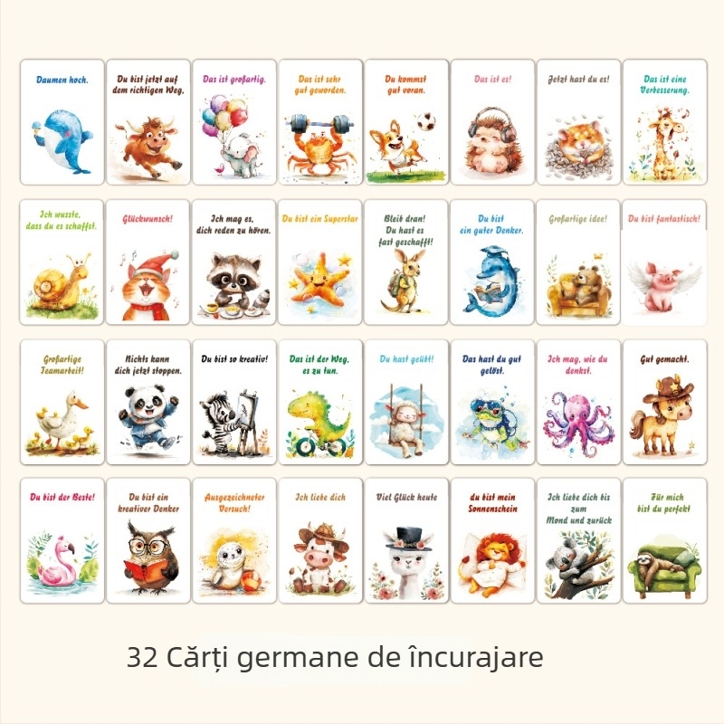 32 de carduri de încurajare în limba germană pentru copii — ilustrații drăguțe în acuarelă, afirmații inspiraționale, învățarea emoțiilor animalelor și carduri de mindfulness