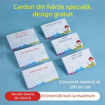 Carduri de formă neobișnuită cu etichete de agățat, carduri de după-vânzare și mulțumire, carduri imprimate pliabile, invitații pentru nuntă și ziua de naștere, carduri de tip scratch-off și cărți poștale.