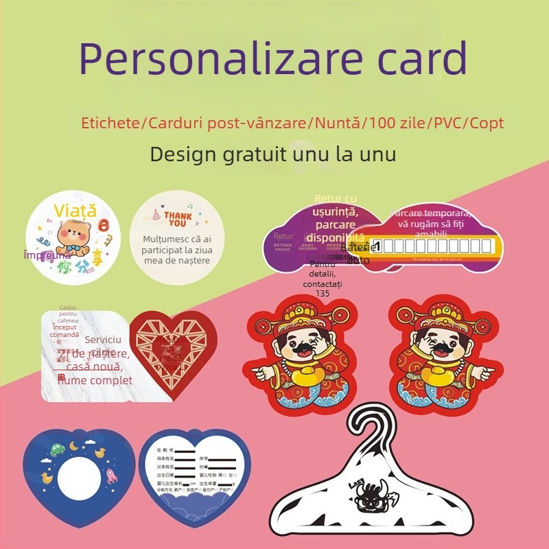 Carduri de formă neobișnuită cu etichete de agățat, carduri de după-vânzare și mulțumire, carduri imprimate pliabile, invitații pentru nuntă și ziua de naștere, carduri de tip scratch-off și cărți poștale.