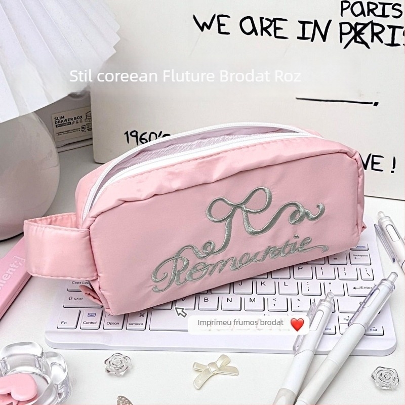 Penar brodat cu funda în stil coreean, capacitate mare, pentru elevi