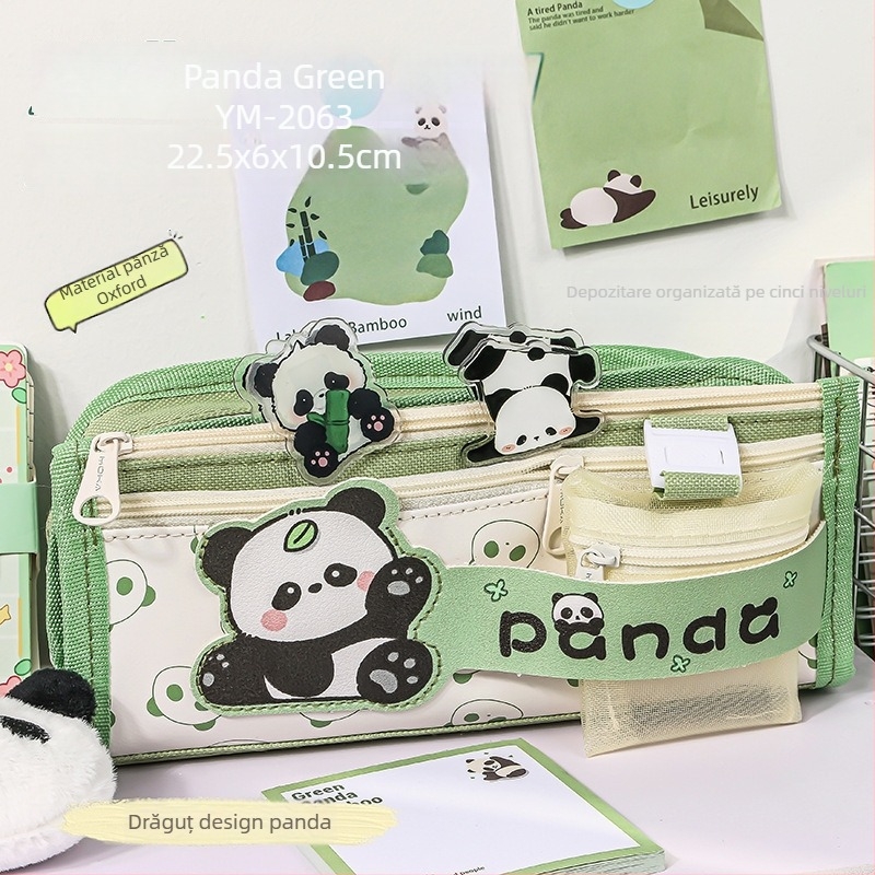 Geantă pentru creioane cu panda desen animat, capacitate mare, rechizite școlare