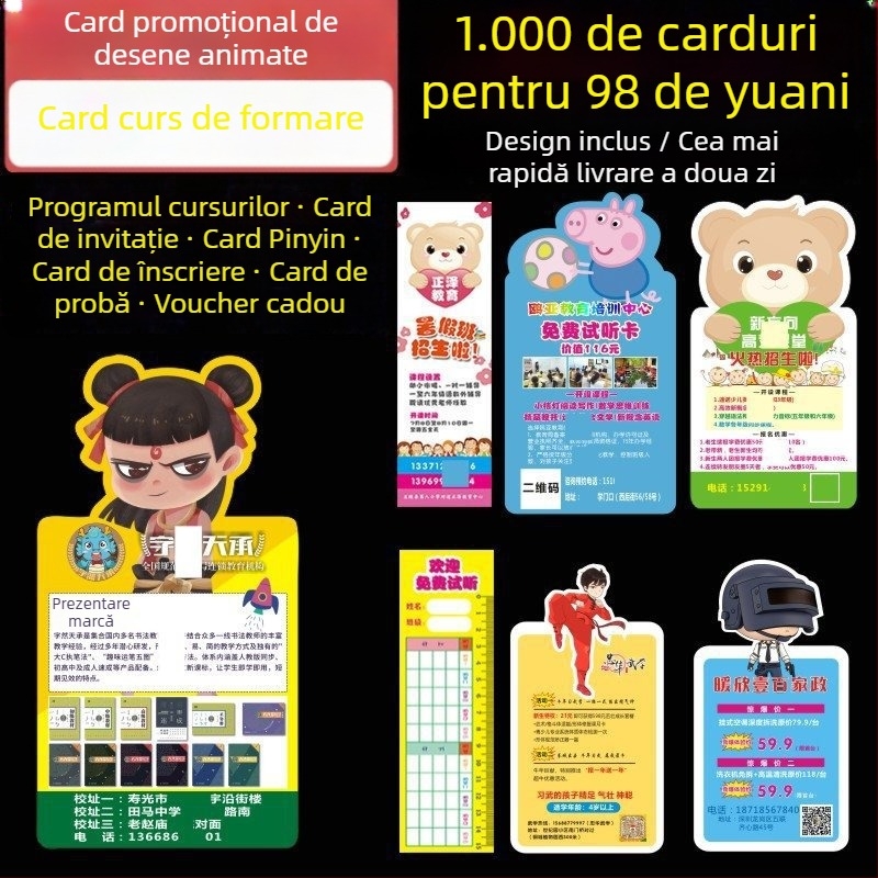 Stil pastoral — card promoțional special conceput pentru înscrierea la meditații, orar desenat cu personaje, card de probă pentru lecții și pliante tipărite pentru cursuri