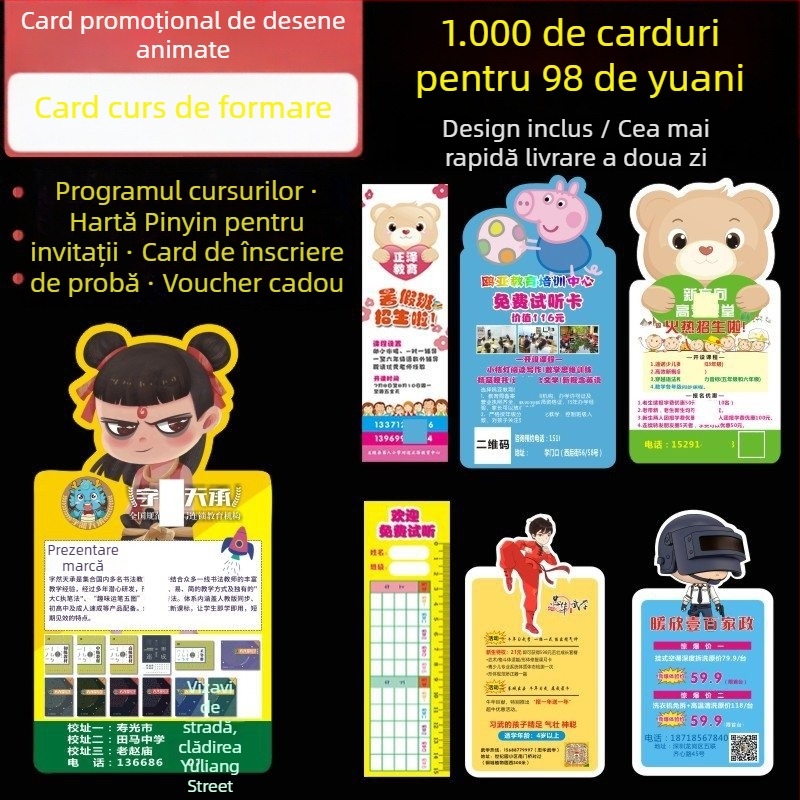 Stil pastoral — card promoțional special conceput pentru înscrierea la meditații, orar desenat cu personaje, card de probă pentru lecții și pliante tipărite pentru cursuri