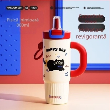 Cană termo din oțel inoxidabil 316, cu capacitate mare, mâner, pai, separator pentru ceai și posibilitate de personalizare