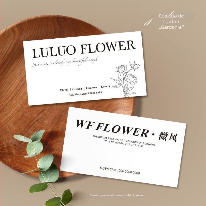 Design minimalist pentru card de florărie, cu logo-ul numelui magazinului, litere mari, decor floral, imprimare felicitare