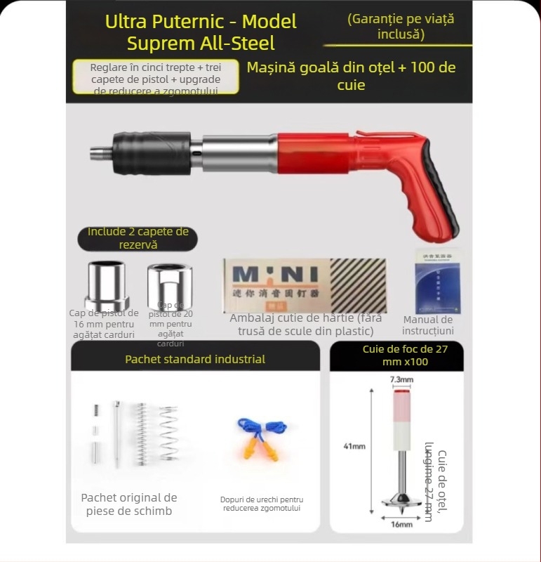 Unealtă de montaj a plafonului: pistol cuie integrat, mini pistol, 7.3, model din plastic și oțel