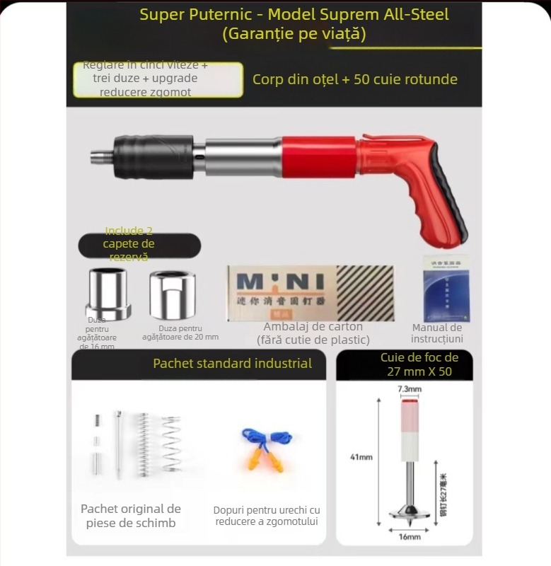 Unealtă de montaj a plafonului: pistol cuie integrat, mini pistol, 7.3, model din plastic și oțel