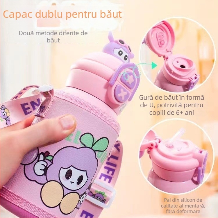 Cană izolață pentru copii, cu pai, din oțel inoxidabil 316, portabil, design desene animate
