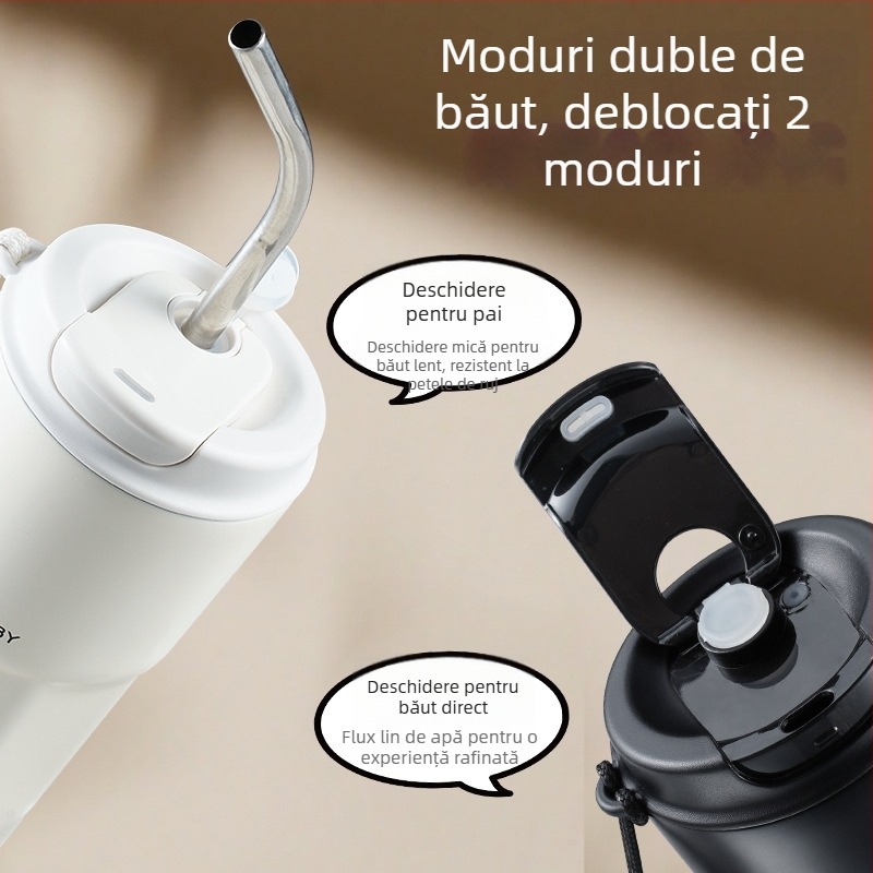 Cană de cafea din oțel inoxidabil 316, interior fără suduri, izolație vid, cu șnur pentru purtare, pai, 500 ml, logo personalizat