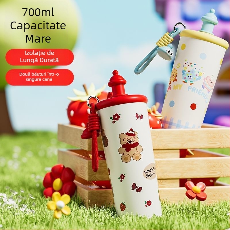 Cană termoizolantă Cartoon, 700 ml, din oțel inoxidabil 316, portabilă, cu șnur de purtare