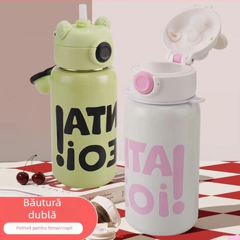 Cană termică din oțel inox cu ursuleț desen animat, cu șnur pentru purtare, pentru studenți, acasă și în aer liber