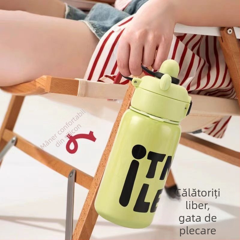 Cană termică din oțel inox cu ursuleț desen animat, cu șnur pentru purtare, pentru studenți, acasă și în aer liber