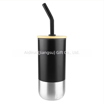Ceașcă din oțel inoxidabil cu pai drept, izolație termică, 450 ml, gravură cu logo