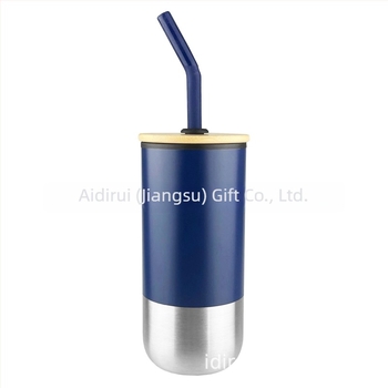 Ceașcă din oțel inoxidabil cu pai drept, izolație termică, 450 ml, gravură cu logo