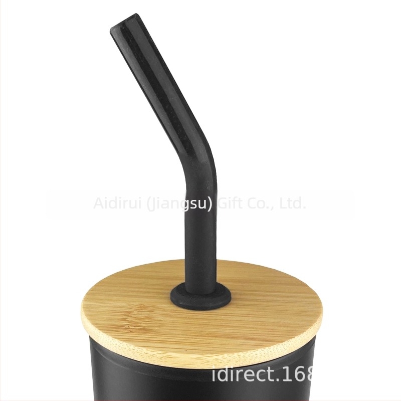 Ceașcă din oțel inoxidabil cu pai drept, izolație termică, 450 ml, gravură cu logo