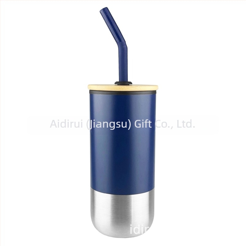 Ceașcă din oțel inoxidabil cu pai drept, izolație termică, 450 ml, gravură cu logo
