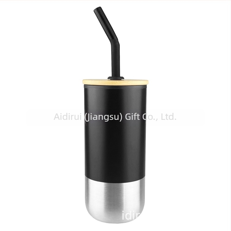 Ceașcă din oțel inoxidabil cu pai drept, izolație termică, 450 ml, gravură cu logo