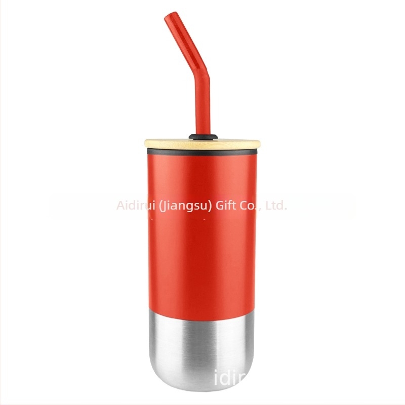 Ceașcă din oțel inoxidabil cu pai drept, izolație termică, 450 ml, gravură cu logo