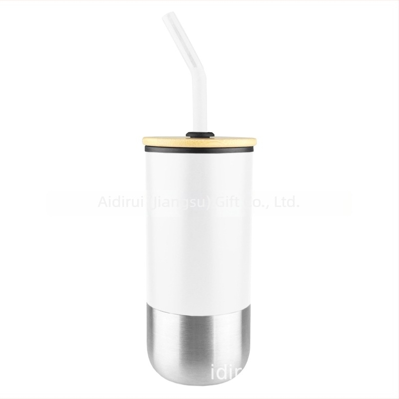 Ceașcă din oțel inoxidabil cu pai drept, izolație termică, 450 ml, gravură cu logo