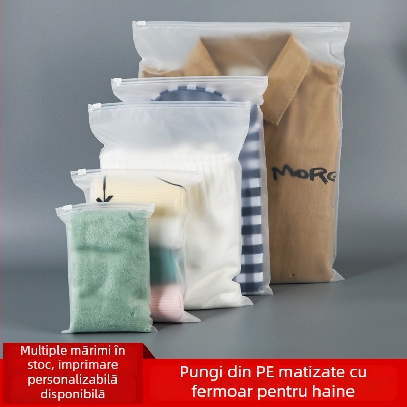Pungă mată cu fermoar, pungă PE pentru ambalarea hainelor și a lenjeriilor, imprimare personalizată.