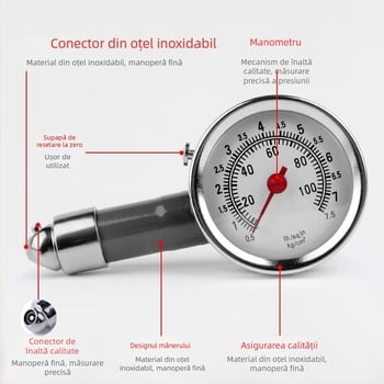 Manometru de presiune pentru pneuri, cu cap de umflare de înaltă precizie, monitor de presiune auto, pistol de umflare aer și duză de umflare