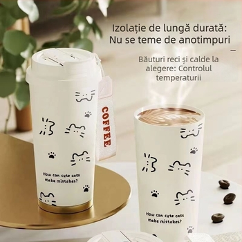 Termos cu design în linii de pisică, capacitate mare, cu pai, portabil pentru casă, școală și mașină