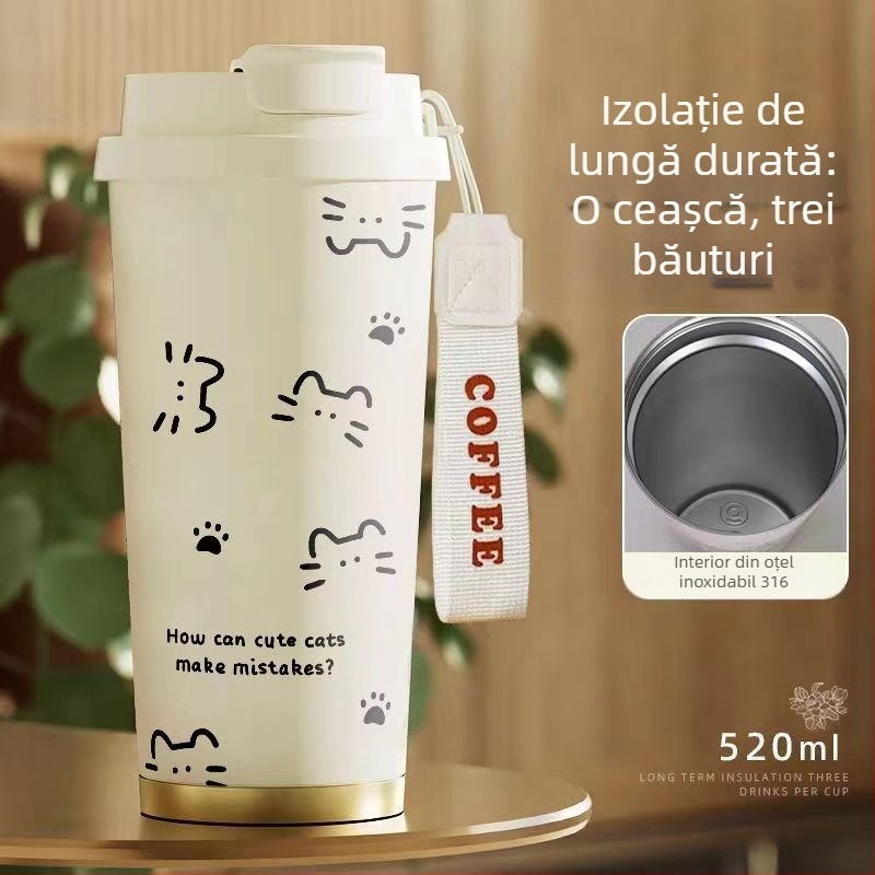 Termos cu design în linii de pisică, capacitate mare, cu pai, portabil pentru casă, școală și mașină