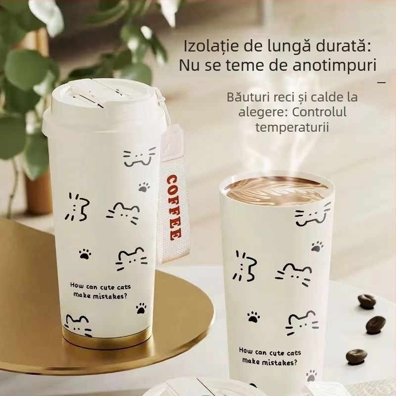 Termos cu design în linii de pisică, capacitate mare, cu pai, portabil pentru casă, școală și mașină