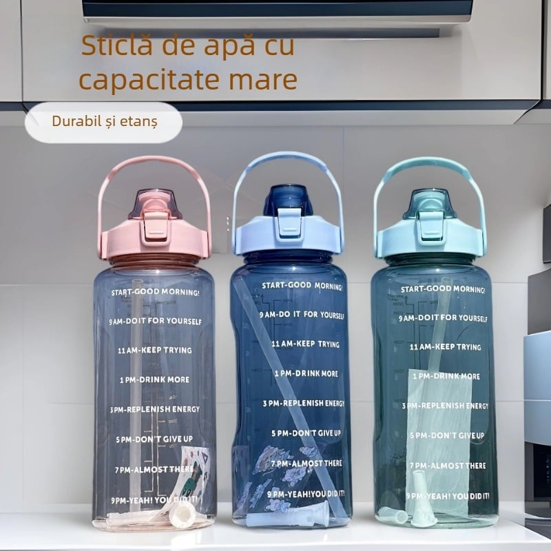 Bidon de apă pentru sport 2000 ml, cu scară de măsurare și pai, din plastic, rezistent la temperaturi ridicate, pentru bărbați și femei