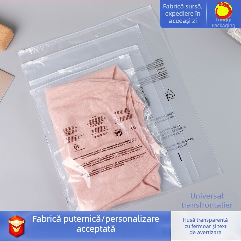 Geantă transparentă cu fermoar, avertisment pe etichetă pentru ambalarea hainelor, pungă PE sigilată, avertisment privind prevenirea sufocării