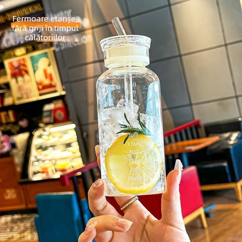 Pahar din sticlă borosilikată înaltă cu scară de timp, transparent, cu pai, pentru hidratare, portabil, pentru apă și cafea, design minimalist